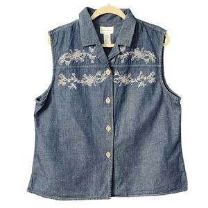 Jaclyn Smith Women's Western Denim Sleeveless Top Blue Floral Embroidered XL